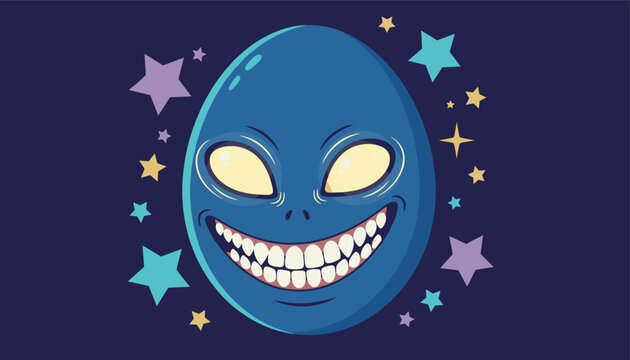 Eerie blue alien head egg with large glowing eyes and a wide toothy grin floating among stars and space.