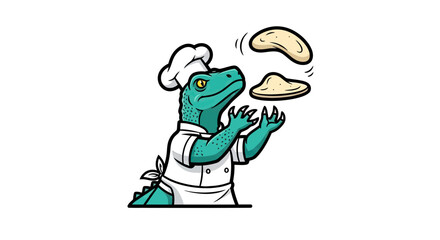 Fototapeta premium Dinosaur chef in white apron tossing pizza dough.