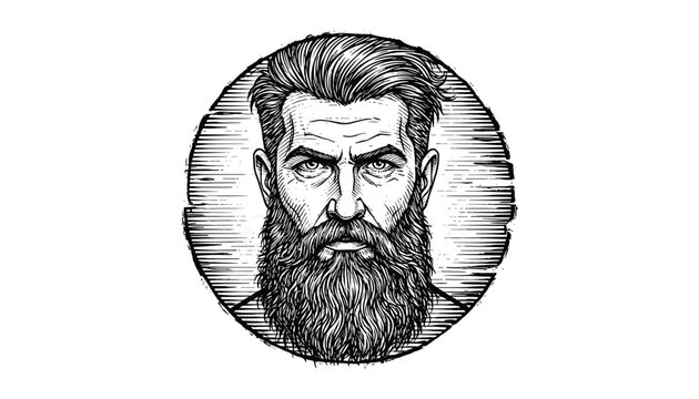 Detailed black and white engraving portrait of a man with a full beard inside a circular woodcut frame.