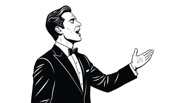 Elegant male opera singer in a tuxedo performing with passion while gesturing on stage during a musical theater show.