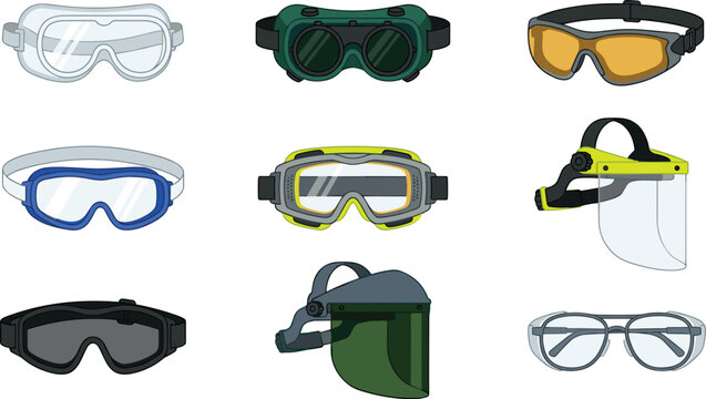 Protective Safety Eyewear Icon Set with Industrial Goggles, Face Shield, Laboratory Glasses, Welding Eye Protection, and Workplace PPE Equipment Collection
