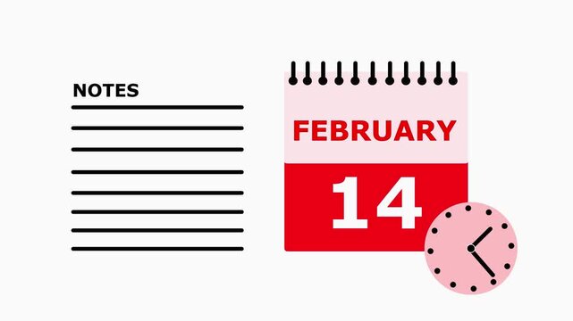 Valentine's Day calendar February 14th red and white spiral notepad page with notes section on white background.