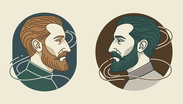 Side profile portraits of two bearded men in circular frames with wavy lines on a beige background.