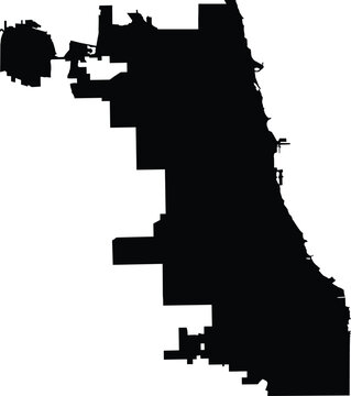 Black silhouette map of Chicago city, Illinois, isolated vector outline shape, on white background, for graphic design, urban cartography illustration.