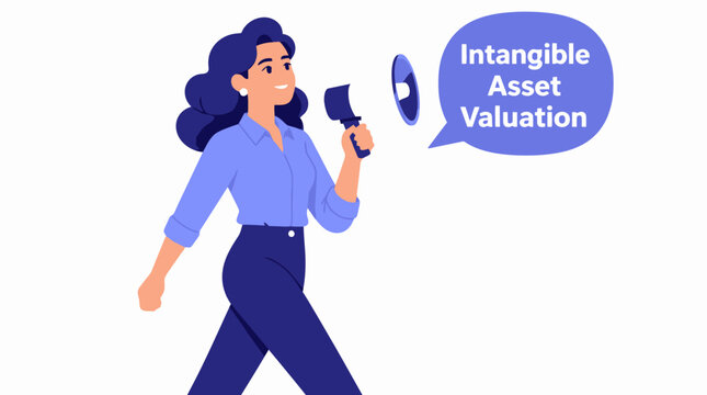Woman with megaphone announcing intangible asset valuation.