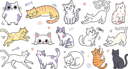 Fototapeta premium Cute cartoon cat collection featuring playful kittens, funny feline poses, adorable pet characters, sleeping cats, stretching cats, and kawaii animal illustrations