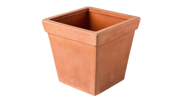 Empty terracotta clay square garden flower pot planter isolated on transparent background cut out