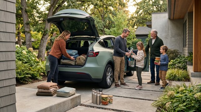 Leafy driveway family EV loading with reusable snacks and weekend bags
