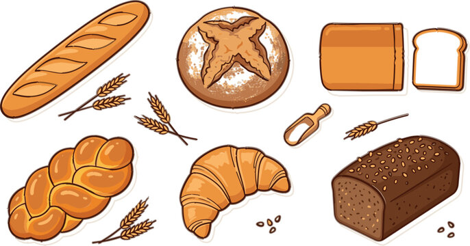 Bakery bread vector set with minimalist flat baguette croissant sourdough whole wheat loaf and wheat stalk icons collection