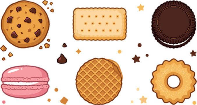 Sweet cookie and biscuit vector set with minimalist flat chocolate chip cookie macaron waffle and sandwich biscuit collection