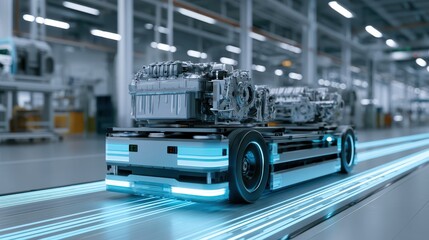 Fototapeta premium Sleek automated guided vehicle moving heavy engine components across a clean modern factory floor, smart logistics concept.
