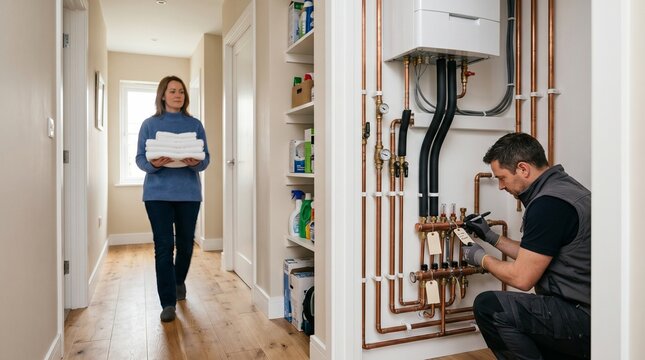 Residential Hallway Heat Pump Pipework Retrofit With Technician