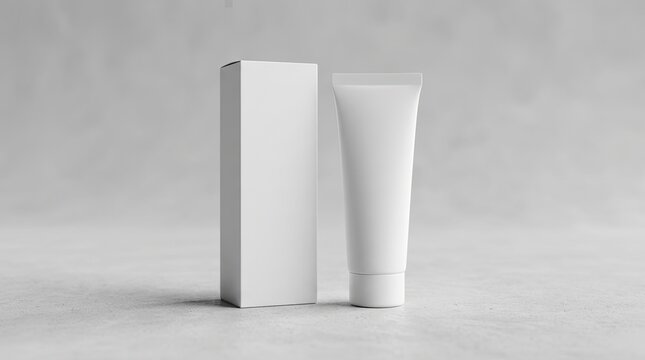White cosmetic tube and packaging box on gray background