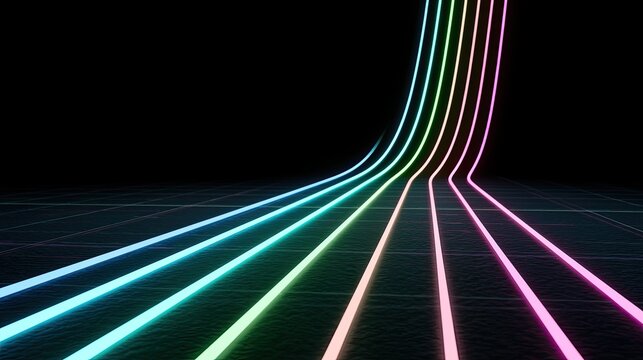 Abstract Rainbow Neon Lines Flowing on Dark Grid Background.