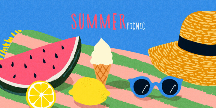 Summer lifestyle illustration with beach picnic and vacation essentials. a relaxed summer picnic with fresh fruit, ice cream, beach towel, sunglasses, and straw hat. Bright colors and simple shapes.
