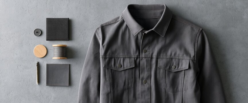 Gray denim jacket with sewing materials
