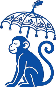 Cute monkey sitting under a decorative parasol with a feather on top, whimsical animal illustration