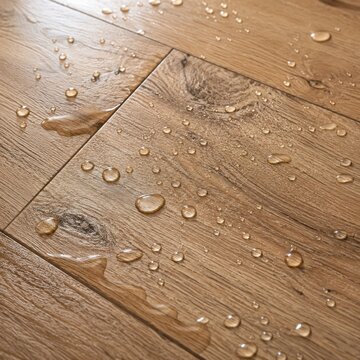 Water droplets scattered across a wooden floor, showcasing texture and shine. Home interior maintenance concept.