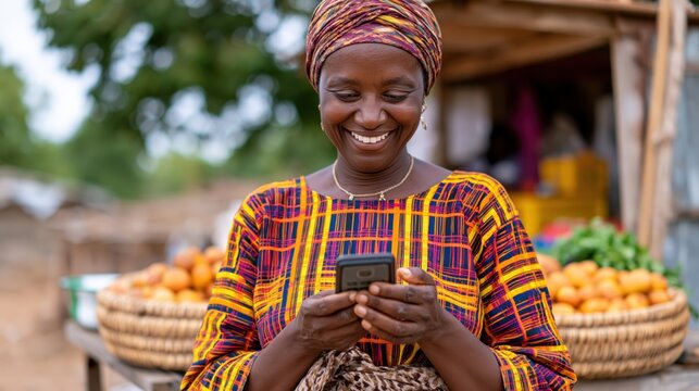 Smiling African woman in traditional clothing uses mobile payment in a rural market setting