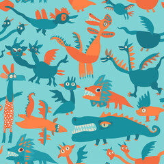 Fototapeta premium Hand drawn vector fairy tale Dragons and monsters. Seamless pattern on a turquoise background