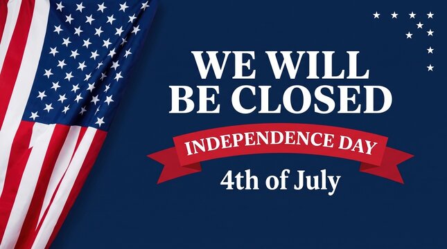 Independence day holiday closure announcement graphic with american flag and text saying we will be closed for independence day fourth of july.