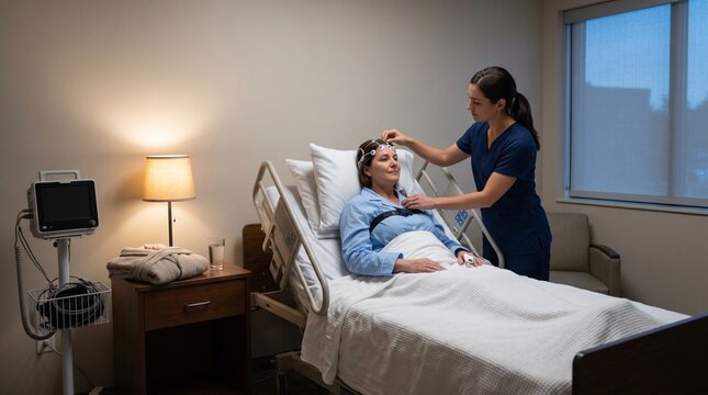 Private Sleep Center Room During Final Polysomnography Preparation