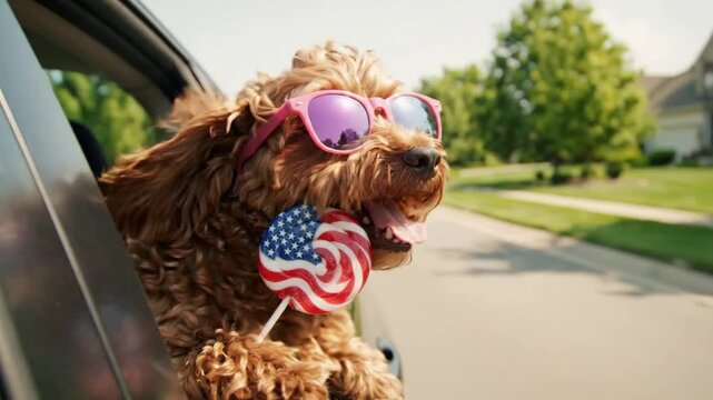 Happy dog wearing sunglasses holding american flag lollipop riding in car for fourth of july celebration