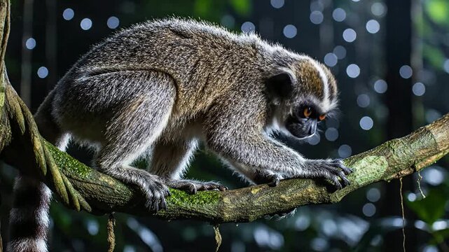 Javan Slow Loris Crawling Gracefully Along a Vine in a Lush Jungle Environment with Soft Bokeh Lights and Captivating Large Eyes