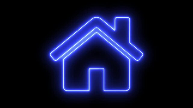  Glowing neon home button icon animation. Neon line home icon. House icon neon glowing light on black background 4K video animation.