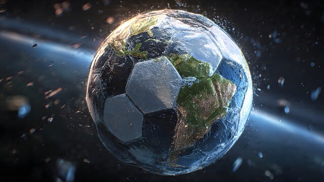 Close up of soccer ball designed as planet Earth with continents and oceans floating in space with debris