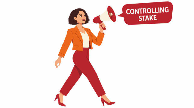 Confident woman holding megaphone with controlling stake message.