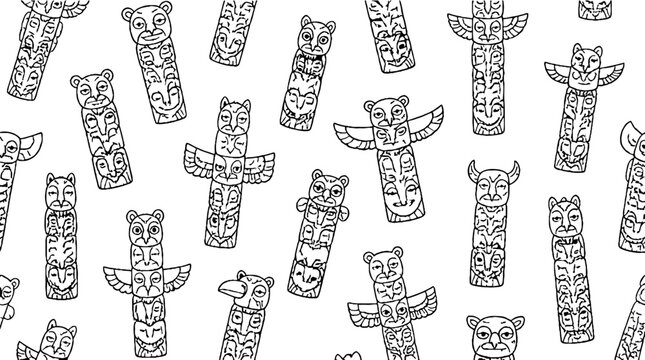 Intricate totem pole designs in black and white illustration.