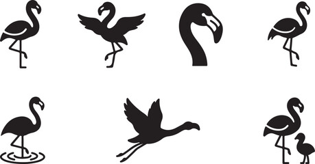 Obraz premium Black and white flamingo icons in various poses and styles Vector