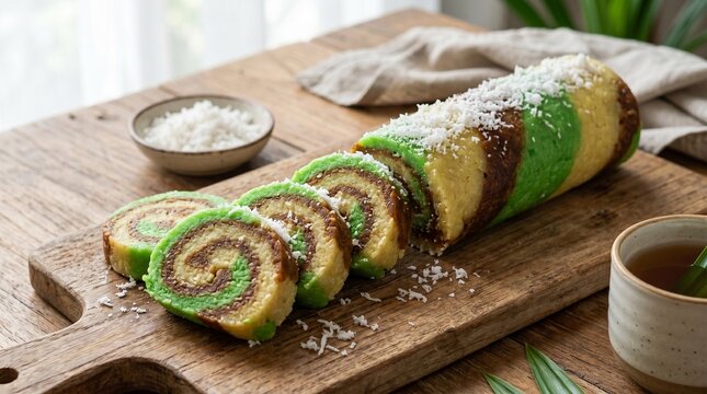 Traditional Indonesian getuk gulung sweet cassava roll cake with a tricolor spiral pattern of green, yellow, and brown, sliced on a wooden board and topped with grated coconut.