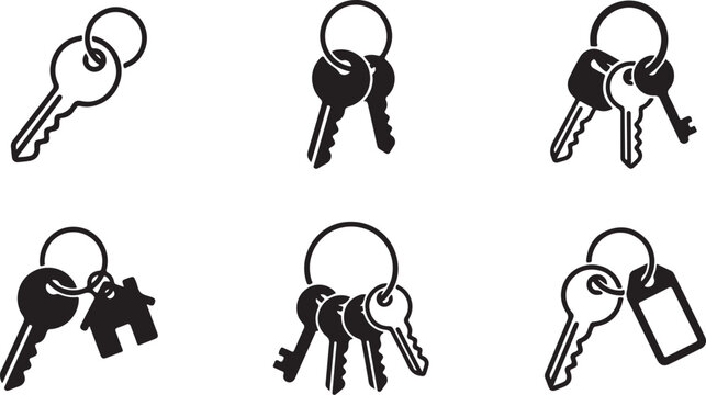 Set of six different keychain keys with ring icons Vector
