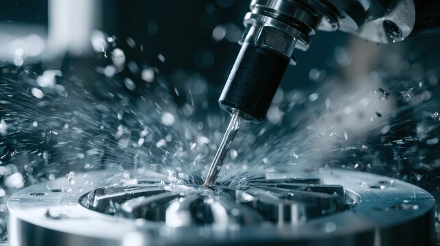 Extreme close up of a 5-axis CNC machine milling a complex aerospace titanium component, cutting fluid splashing dynamically.
