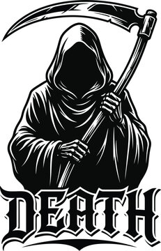 D&uuml;steres Gothic-Design im Stil eines Grim Reapers: Kapuzenfigur unter einem flie&szlig;enden Schatten/Schirm, dazu stylischer Death-Text. Perfekt f&uuml;r T-Shirts, Hoodies, Sticker, Albencover, Poster oder Dark