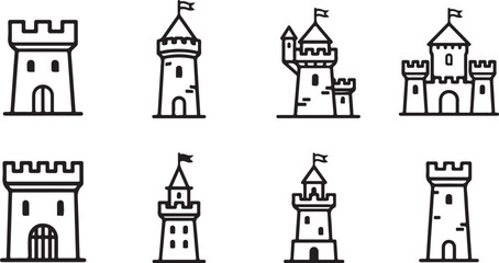 Set of eight different medieval castle illustrations with flags Vector © mahafuza