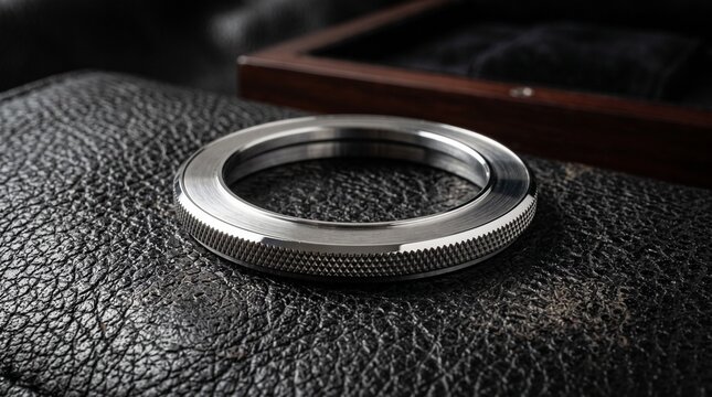 Macro shot of a textured metal watch bezel with brushed finish and knurled edge resting on a black leather surface, shallow depth of field