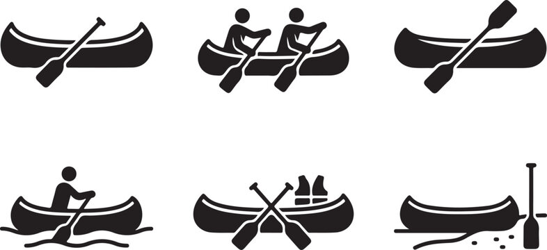 Six black and white canoeing icons showing different paddling scenes Vector
