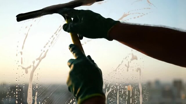 Macro Shot Of A Professional Window Squeegee Pulling Down A Pane Of Glass With Soap Suds Against A Cityscape Background During Sunset