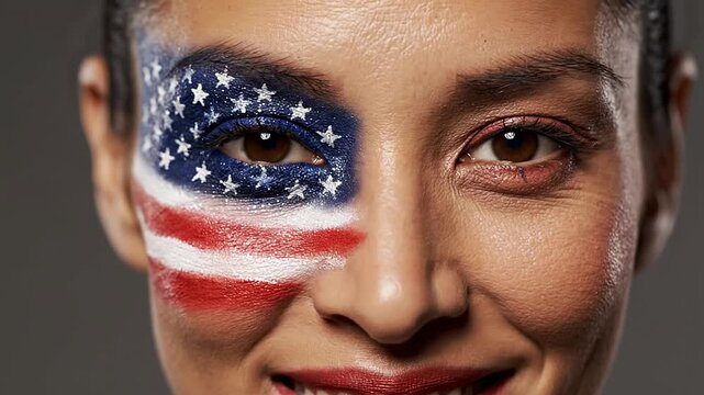 Macro Shot Of A Woman's Face With Artistic USA Flag Face Paint Featuring Stars And Stripes In Studio Background