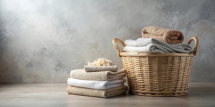 A wicker laundry basket filled with neatly folded towels and blankets sits beside a stack of similar textiles on a wood surface against a textured wall.