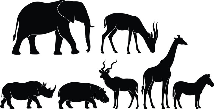 African safari wild animals silhouettes vector graphic collection isolated on a white background
