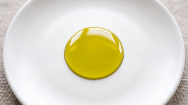 Macro shot of a single drop of golden olive oil glistening on a clean white plate with soft natural light highlighting its smooth texture and vibrant color