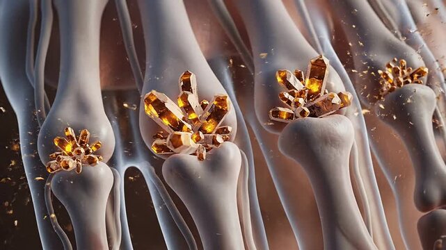 Macro Shot Of Human Finger Joints Featuring Semi-Transparent Render With Glowing Crystals In Knuckles Highlighting Anatomical Details And Movement Patterns