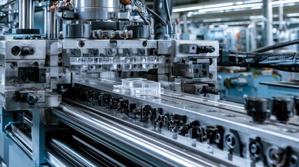 Fototapeta premium Macro shot of an industrial plastic injection molding machine releasing a newly formed precision component, clean lighting.