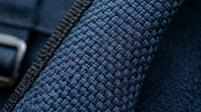 Extreme close up macro shot of a tightly woven dark blue fabric texture with a subtle sheen and a black strap detail visible on the left side