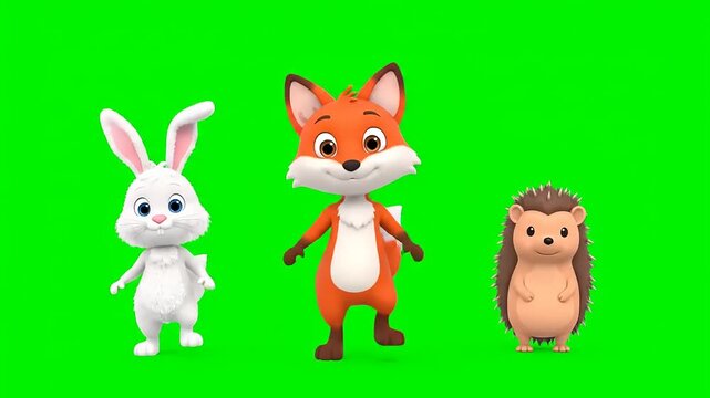 Cute animated cartoon animals, a white bunny, a fox, and a hedgehog, happily walking on a green screen background, perfect for children's content and educational videos