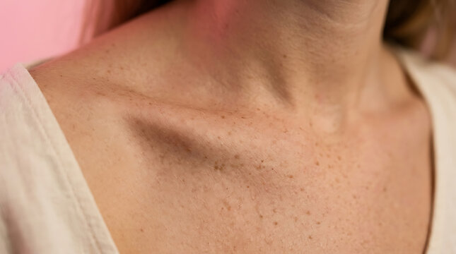 Close up of a woman's clavicle and neck area showing freckles and skin texture with soft lighting